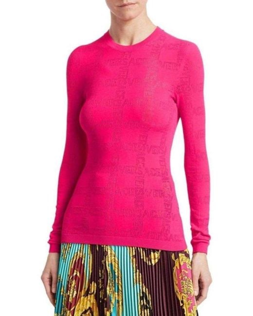 Versace Pink Perforated Logo Stretch Knit Sweater It 46 (us 10)