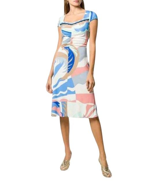 Emilio Pucci Blue Acapulco Print Gathered Silk Blend Dress It 38 (us