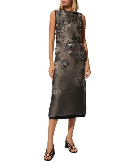 Miu Miu Gray Graphite Grey Organza Floral Appliqué Beaded Sheath Dress