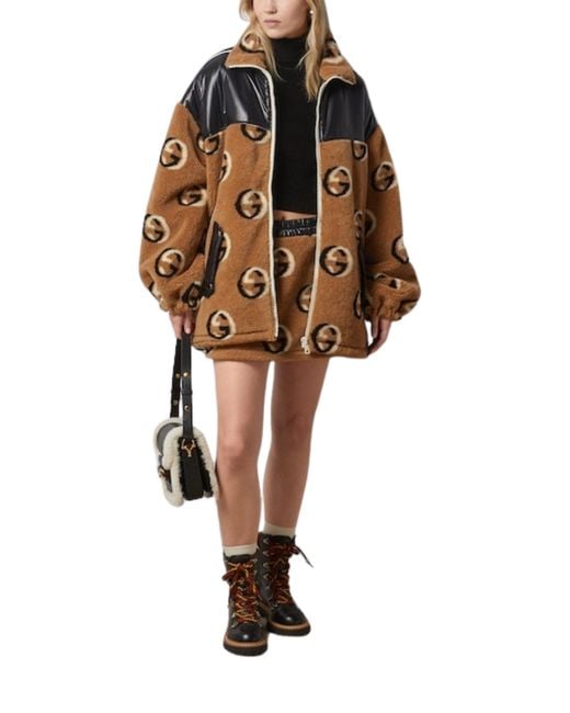 Gucci Brown GG Wool Fleece Jacquard Zip Jacket