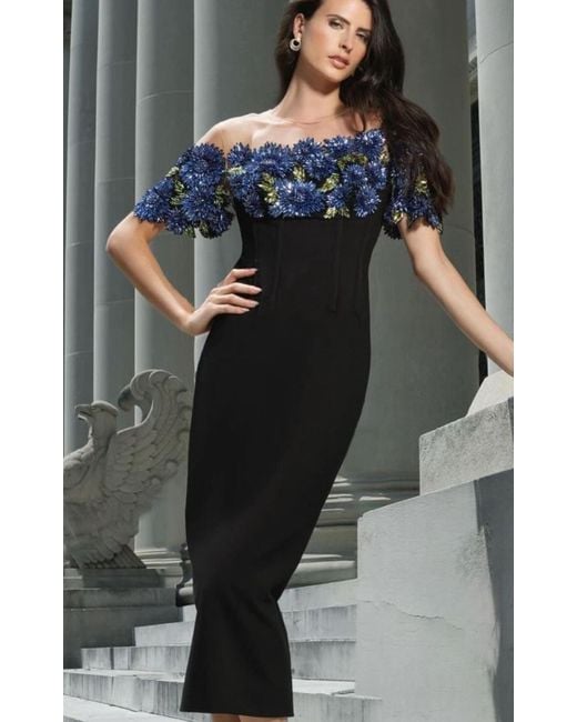 Lela Rose Beaded Floral Illusion Neck Column Gown in Blue | Lyst