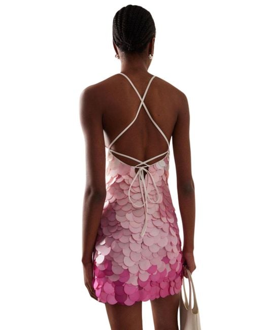 DES_PHEMMES Pink Paillette Sequinned Mesh Halter Mini Dress