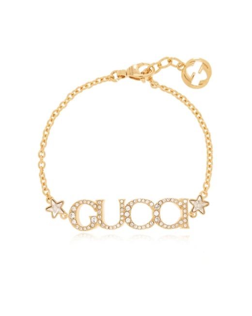 Gucci Metallic Script Crystal Logo Bracelet Gold