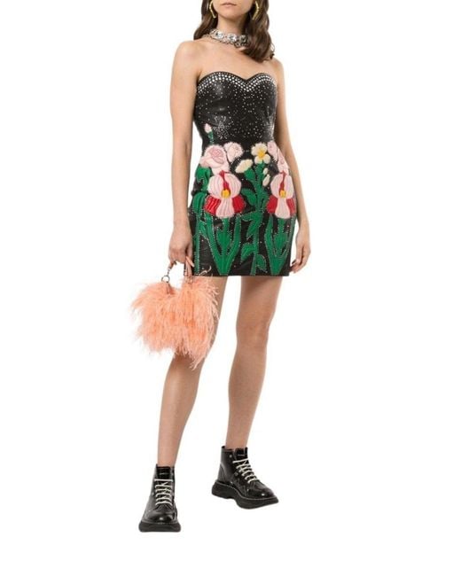 Gucci Gray Leather Flower Intarsia Strapless Dress