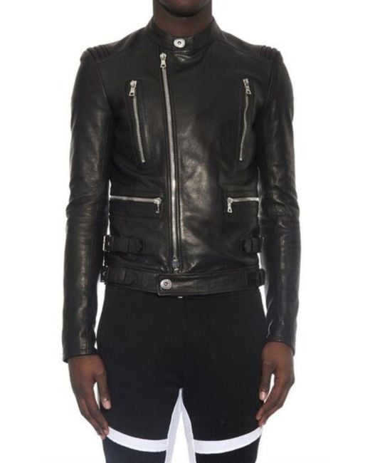 Balmain Black Leather Biker Jacket Fr 52 for men