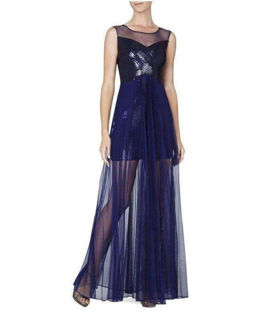 BCBGMAXAZRIA Blue Cynthia Sequinned Detail Sunburst Pleated Gown