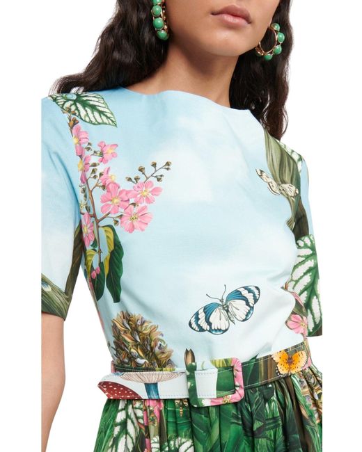 Oscar de la Renta Green Botanical Forest Print Stretch Poplin Midi Dress