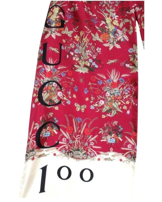Gucci Red 100th Anniversary Floral Silk Scarf Burgundy