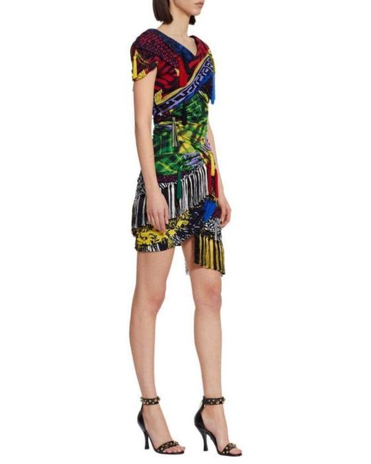 Versace Multicolor Mega Mix Print Fringe Mini Dress