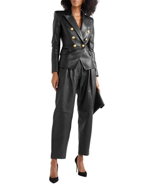 Balmain Black Double-Breasted Leather Blazer