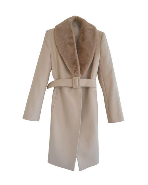 Cult Moda Natural Faux Fur Collar Wrap Trench Coat
