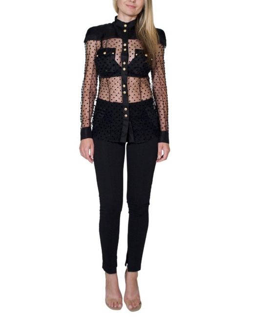 Balmain Long Sleeve Black Polka Dot Silk Shirt With Gold Buttons