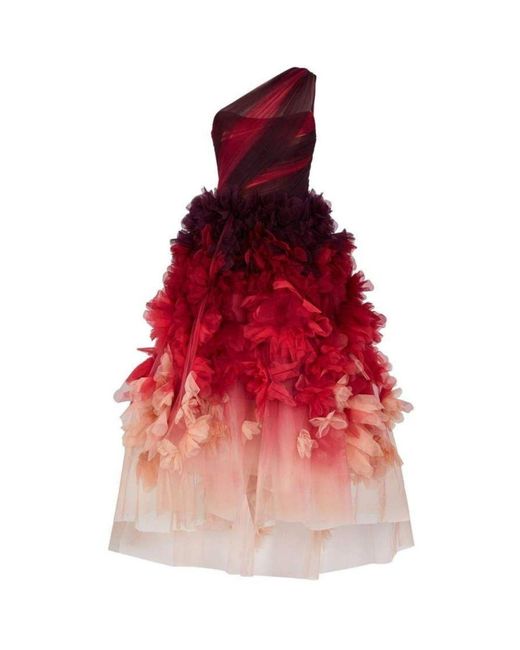 Marchesa Red One Shoulder Floral Dress