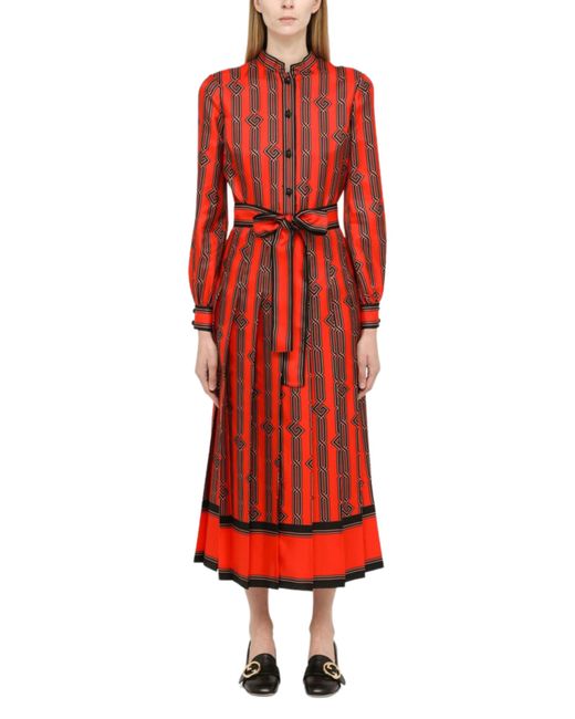 Gucci Red Square G Chain Print Silk Dress