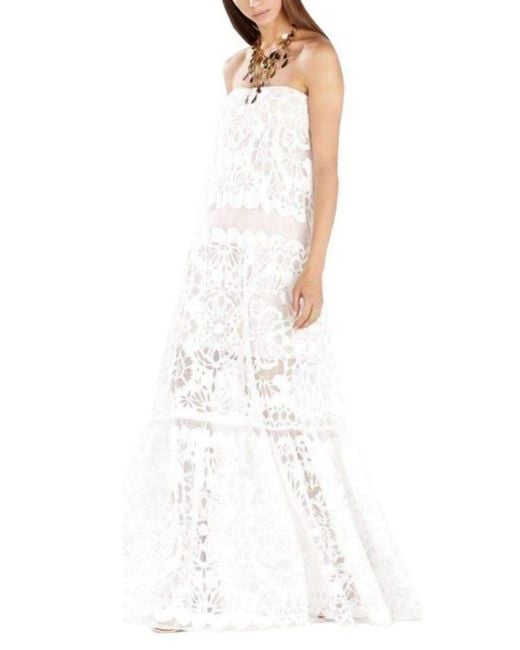 BCBGMAXAZRIA White Strapless Bottom Ruffle Cotton Gown