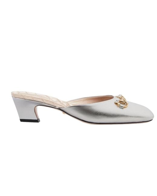 Gucci White Silver Leather Horsebit Mules