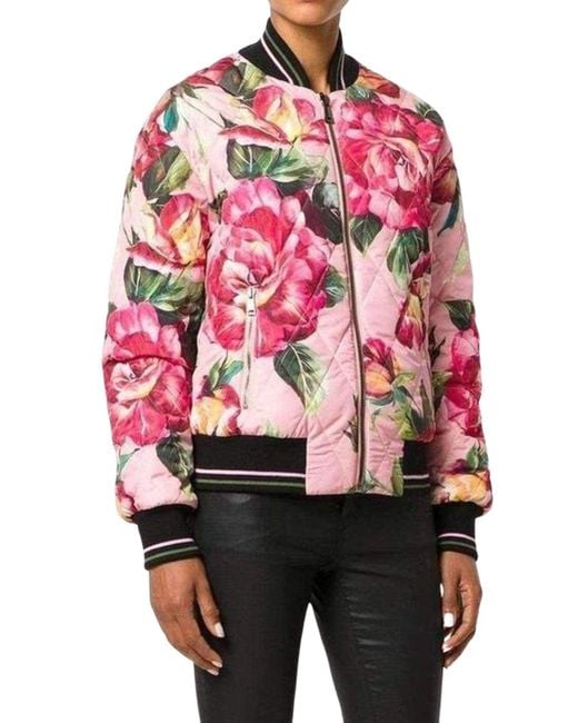 Dolce & Gabbana Pink Rose Print Bomber Jacket