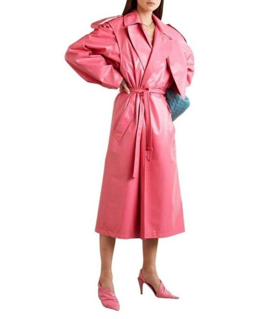 Bottega Veneta Pink Convertible Crinkled Glossed-leather Trench Coat