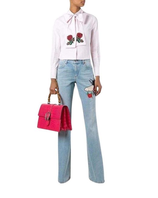 Gucci Blue Fly Embroidered Flared Cotton Jeans Us 28 (4, S)