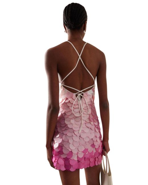 DES_PHEMMES Pink Paillette Sequinned Mesh Halter Mini Dress