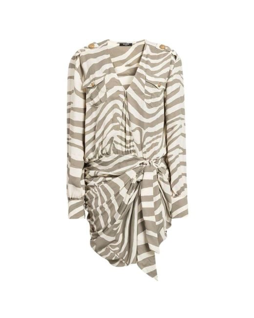 Balmain Natural Draped Zebra Print Wrap Dress