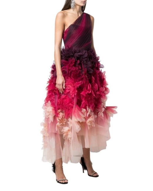 Marchesa Red One Shoulder Floral Dress