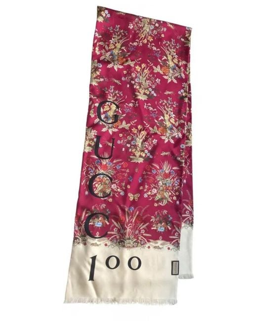 Gucci Red 100th Anniversary Floral Silk Scarf Burgundy