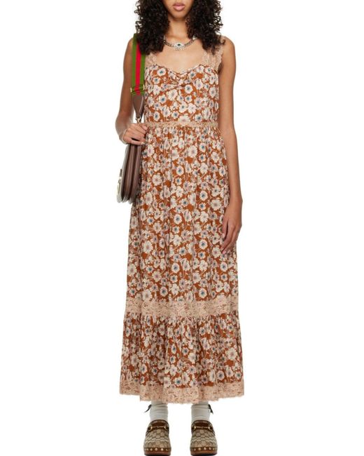 Gucci Natural Floral-print Lace-trimmed Twill Dress