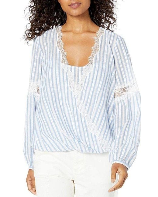 BCBGMAXAZRIA Blue Striped Faux Wrap Cotton Blouse