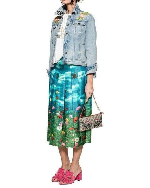 Gucci Blue Vita Garden Pleated Silk Skirt It 36 (us 0)