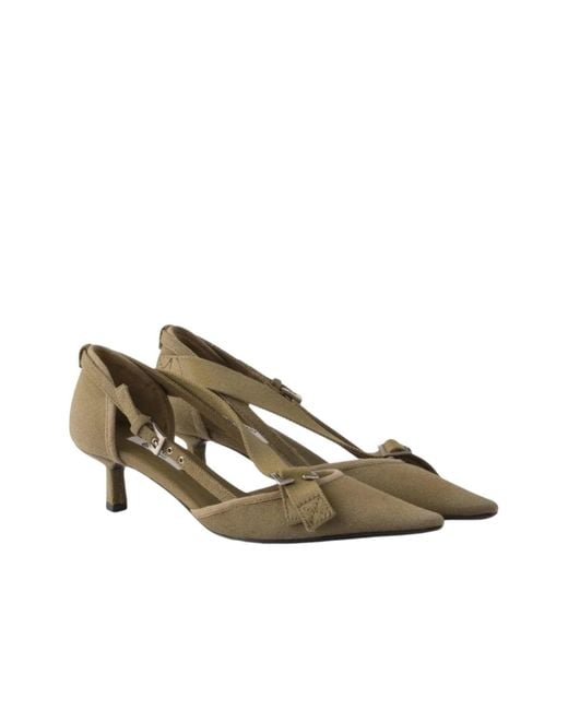 Prada Brown Pointed Slingback Olive Green Kitten Heel Pumps