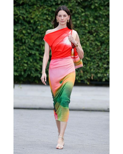 Oscar de la Renta Red Draped Watercolor-print Jersey Midi Dress