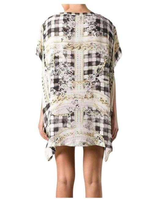 Balmain Gray Cream Printed Silk Tunic Dress With Batwing Sleeves