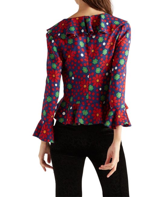 Saint Laurent Blue Ruffled Floral-print Crepe Blouse