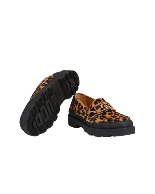 Gucci Brown Interlocking G Leopard Print Leather Loafers