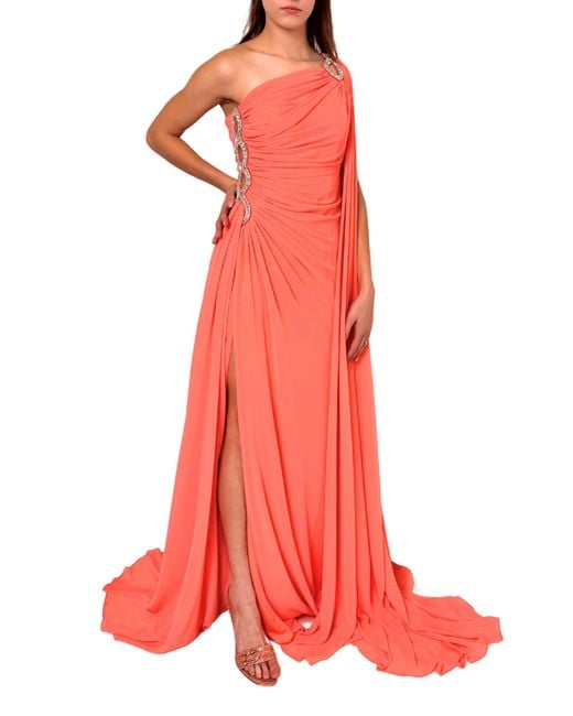 Cult Moda Red One Shoulder Beaded Gown In Coral