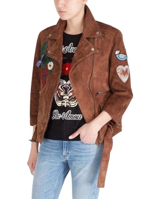 Gucci Brown Patches Embroidered Suede Jacket