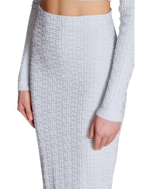 Balmain Blue Embossed Monogram Midi Skirt