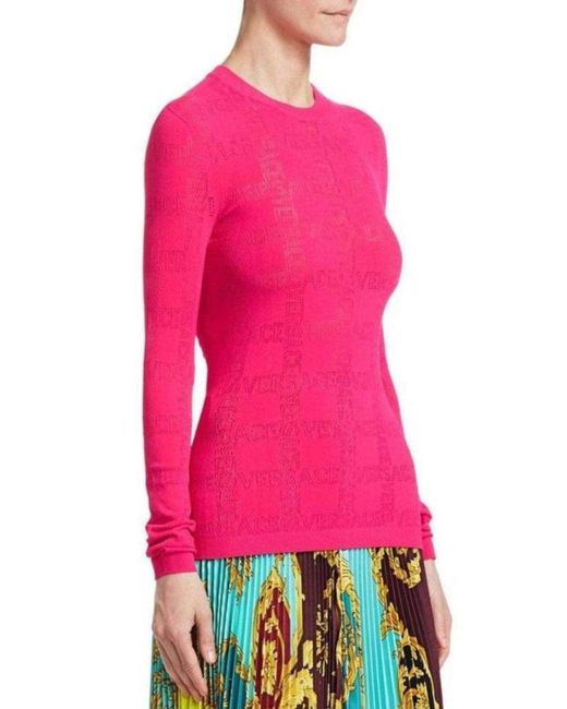 Versace Pink Perforated Logo Stretch Knit Sweater It 46 (us 10)