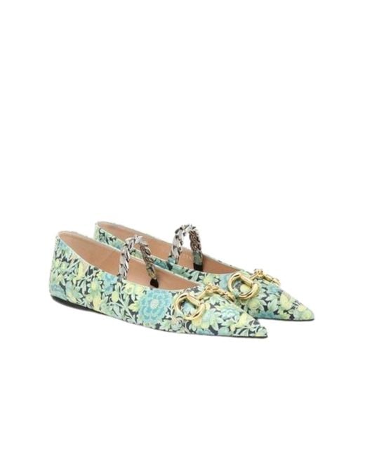 Gucci Green Floral Horsebit Ballerina Shoes
