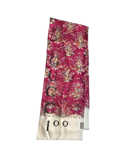 Gucci Red 100th Anniversary Floral Silk Scarf Burgundy
