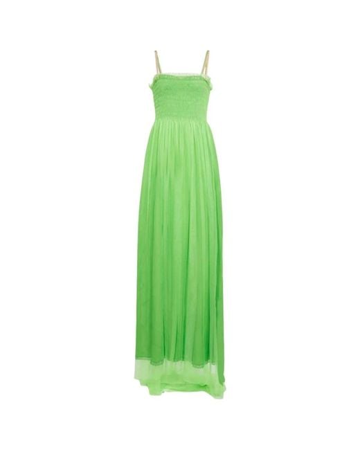Gucci Kiwi Green Shirred Bodice Smocked Silk Gown