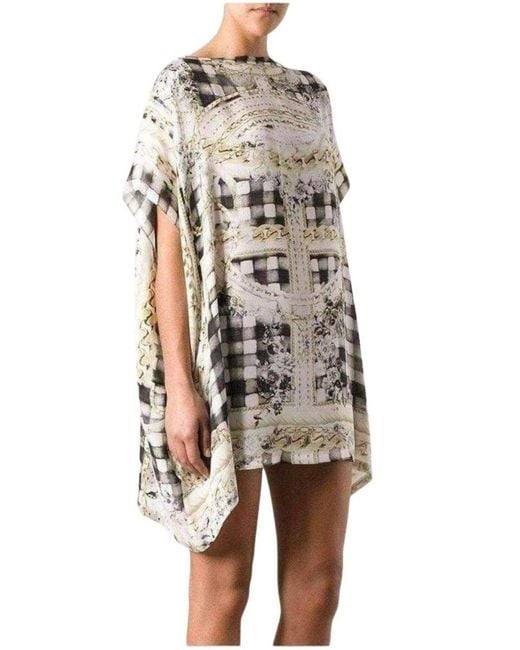 Balmain Gray Cream Printed Silk Tunic Dress With Batwing Sleeves