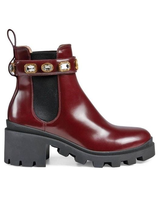 Gucci Brown Crystal-embellished Ankle Leather Boots
