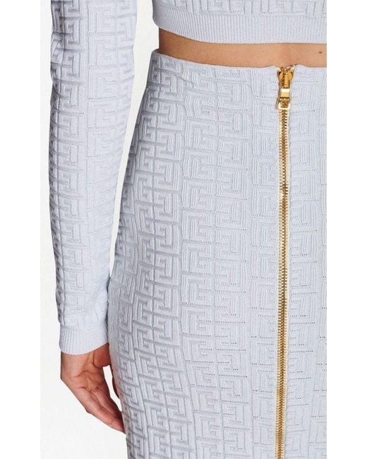 Balmain Blue Embossed Monogram Midi Skirt