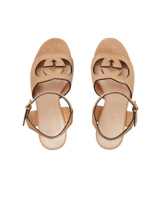 Gucci Brown Interlocking G Cutout Beige Suede Platform Sandals
