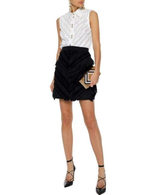 Balmain Black Chevron Fringed Mini Skirt