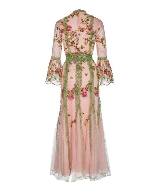 Costarellos Natural Lace-trimmed Embroidered Tulle Gown