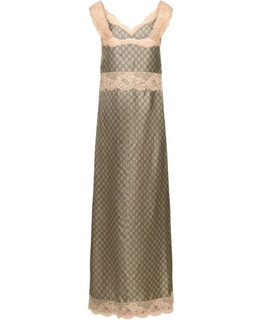 Gucci Natural GG Supreme Lace Trim Silk Maxi Dress