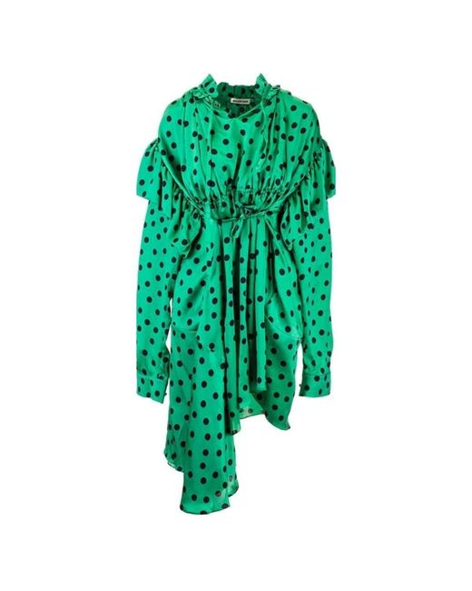 Balenciaga Green Polka Dot Print Long Sleeve Logo Jacquard Babydoll Dress